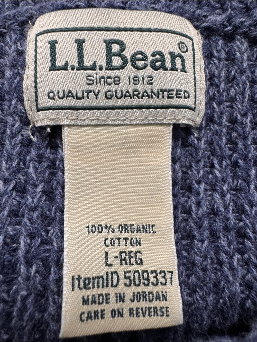 LL Bean Organic Cotton Rollneck Crew Waffle Sweater Mens Size Large Indigo Blue - Picture 3 of 4